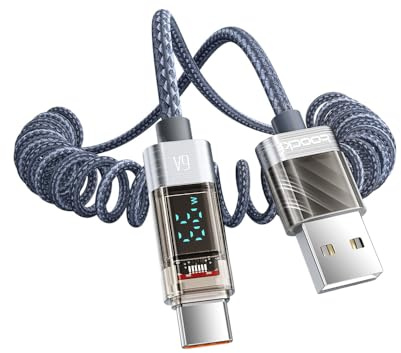 toocki Cable Espiral USB A a USB C 1.8M, 6A con Pantalla LED, Gris | Carga Rápida Tipo-C, Cable Espiral LED Compatible con Galaxy S25/S24/S23/Huawei P40/Xiaomi/iPhone 15/16/17, Ideal Coche