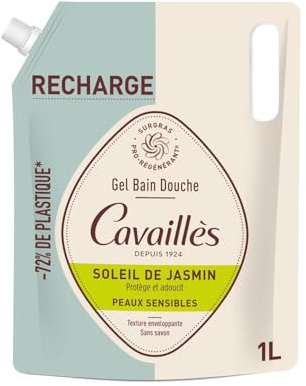 ROGE CAVAILLES Gel Douche Surgras Pro-Régénérant Peaux Sensibles Jasmin Recharge 1L - Éco-Conçu avec -72% de Plastique, Sans Savon, Texture Enveloppante - Lot de 2