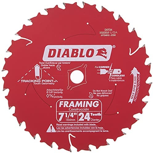 Diablo D0724A - Hoja de sierra de enmarcar ATB de 7-1/4 pulgadas 24T de 5/8 pulgadas y eje de diamante Knockout