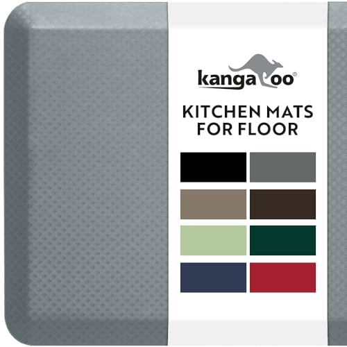 KANGAROO Anti Fatigue Mats for Kitchen Floor, 48x20, 3/4 Inch Thick Cushioned Ergonomic Mat, Reduce Foot Pressure, Waterproof Comfort Rug for Under Sinks, Office Standing Desk, Store Floors, Grey