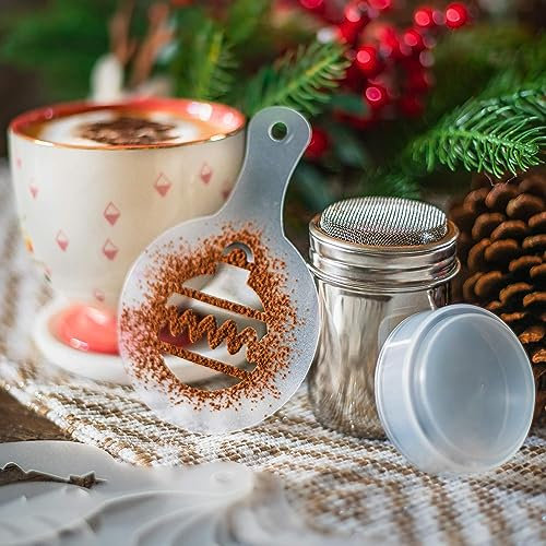 TRIXES Hot Chocolate Gift Set - 8PC Plastic Christmas Stencils - Chocolate Shaker for Cappuccino Coffee Cocoa Cinnamon Sugar -Shaker Cup - Assorted Festive Designs