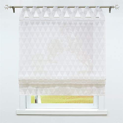 SCHOAL Raffrollo mit Schlaufen Halbtransparente Raffgardine Landhaus Schlaufenrollo Gardinen Leinen Dreiecke Muster 1 Stück BxH 120x140cm Weiß