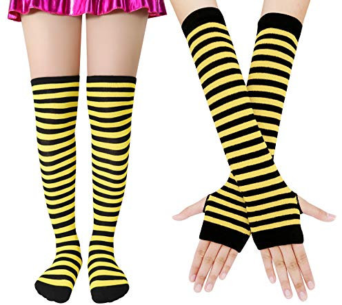 Bienvenu Damensocken, gestreift, kniehoch, Armwärmer, fingerlose Handschuhe, Schwarz / Gelb, Einheitsgröße