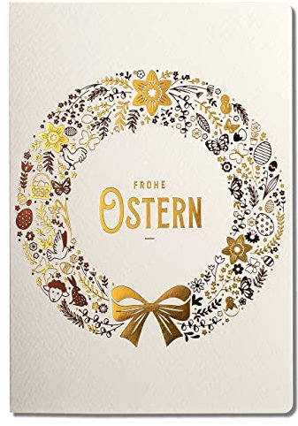 Art Nuvo EXKLUSIVE OSTERKARTEN –SATZ VON 10 MANUFAKTURKARTEN IN LEICHTEM BEIGE 120x170mm, VERGOLDETE UND GEPRÄGTE OSTERMOTIVE HERGESTELLT AUS AQUARELLSCHMUCKPAPIER, MIT BEIGEN EINLAGEN UND UMSCHLÄGEN, EE_102_DE