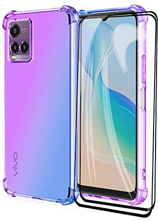 GOKEN Hülle für vivo Y21s / vivo Y21 / vivo Y33s + 2 Panzerglas, Schutzhülle TPU Silikon Handyhülle mit Farbverlauf Design, Transparent Stoßfest Bumper Case Soft Flex Cover, Lila/Blau