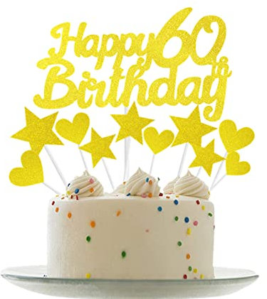 Personalised Happy 60th Birthday Cake Toppers Gold Cake Decorations for Men,Women,Him,Her 60th Birthday Cake Cupcake Topper, Glitter Cakes Banner Decoration for 60 Birthday Anniversary Party Supplies