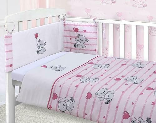 Pink Hearts Teddy Bear Girls Cot Bed Baby Bale Bedding Set Cot 100% Cotton Cot Quilt and Fitted Sheet