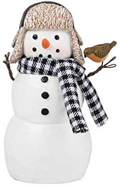 Black & White Plaid Scarf Snowman Chickadee Small Christmas Figurine