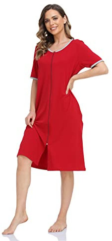 Damen Hausmantel mit Reißverschluss, weicher Bademantel, halbe Ärmel, Nachtwäsche, volle Länge, gestreift, Loungewear mit 2 Taschen, Kurze Ärmel, Rot, Medium
