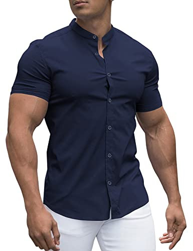 URRU Men's Muscle Dress Shirts Slim Fit Stretch Banded Collar Short Sleeve Casual Button Down Shirt Navy Blue S