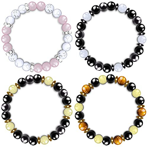 4 Pieces Protection Bracelets Black Obsidian Bracelet Rose Quartz Bracelet Citrine Crystal Hematite Bracelet Tiger Eye Bracelet Crystals and Healing Stones Jewelry for Women Men Girls Daily Outfit