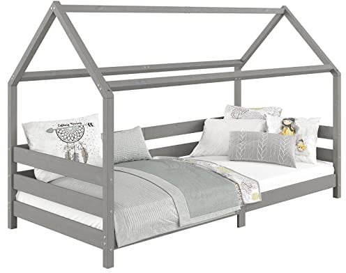 Hausbett FINA aus massiver Kiefer, Montessori Bett 90x200cm, Kinderbett mit Dach in grau