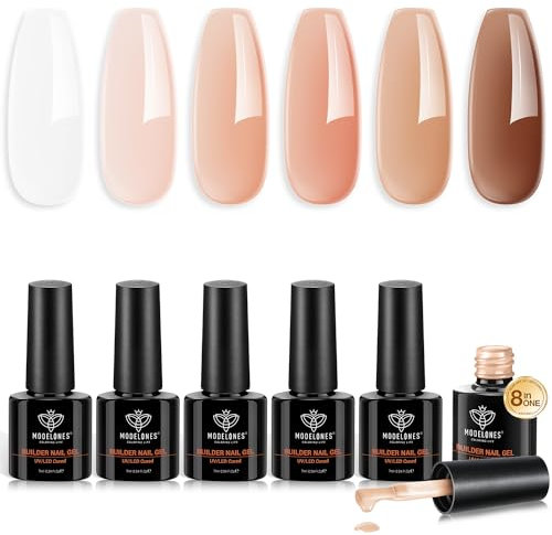 modelones 8-in-one Gel Construction Ongle UV, 6PCS Nude Gummy Base Pose Americaine,Gel Builder Gel Pour Ongles, Vernis Semi Permanent, Capsules et Extensions, pour Réparation de Manucure, Kit Manucure