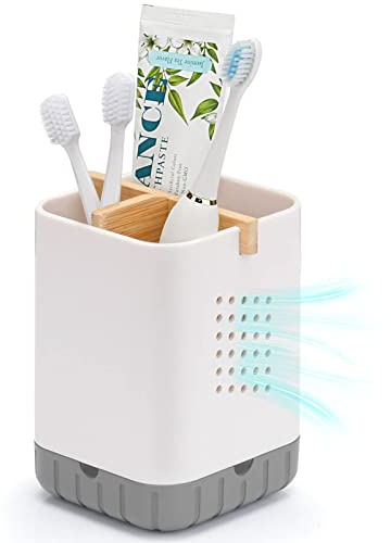 Boperzi Toothbrush and Toothpaste Holder with Bamboo Divider for Bathroom Countertop Organizer, Plastic Detachable Anti-Slip Large Electric Toothbrush Holders Storage Caddy Drainage for Family, Kids