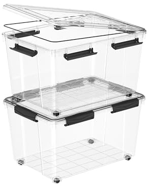 Cetomo 55L*2 Luftdichte Plastik-Speicherkästen mit Rädern, Deckel und Silikon-Dichtung – Für Garage, Außenbereich, Decken, Kleidung – Wasserdicht, Stapelbar, PP, Transparent, 55L (2er Pack)
