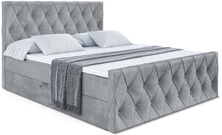 ALTDECOR Boxspringbett mit Matratze und Lattenrost, Boxbett, Fußteil, Topper, Polsterbett mit Bettkasten, Bett mit Stauraum H3-Matratze, Doppelbett, Springboxbett - Amay - 160x200 - Grau Samt