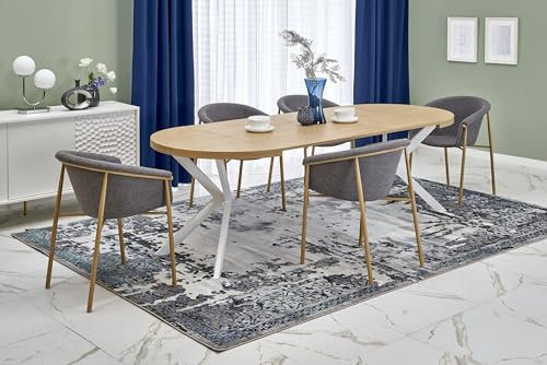 Design Esstisch rund HA-222 Eiche Gold - Weiß matt ausziehbar 100 cm / 150 cm / 200 cm bis 250 cm ovaler Esszimmertisch Küchentisch rund Funktionstisch oval kitchen table Esszimmer Ausziehtisch