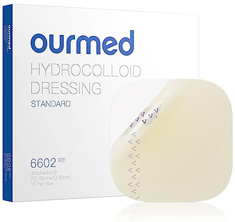 Ourmed Hydrocolloid Dressing Large 10cm x 10cm, Extra Thin Waterproof Wound Plasters, Adhesive Bandages for Light Exudate Wound, Blister, Acne, Superficial Wound Care, Faster Healing, 0.5mm, 10 Pack