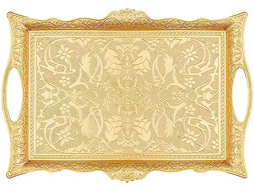 Alisveristime Ottoman Türkisches Zamak Serviertablett mit traditionellen Motiven, ideal für Kaffee und Tee - Tablett für sechs Personen (36,8 x 25,0 cm) (Gold)