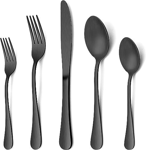 Cutlery Sets, 20 Piece Stainless Steel Flatware for 4 People, Tableware Silverware Set with Steak Knife and Fork Sets, Elegant Design, Mirror Polished and Dishwasher Safe (Black)