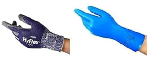 Hyflex 11-561 Guantes Anticortes Ultraligeros, Revestimiento, Guantes de Talla L (1 Par) + AlphaTec 37-310 Guantes de Nitrilo Reutilizables, Protección Química, Azul, Talla L (12 Pares)
