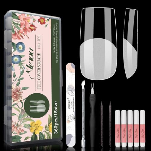 Middle Length Square Nails Soft Gel Nail Tips,360pcs 15 Sizes Half Matte Full Cover Gel Nail Tips,Nail Tips for Gel Extensions for Nail Salons and Home DIY