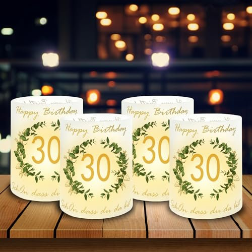 Windlicht Tischdeko 30. Geburtstag, 12 Stück Happy Birthday Tischdeko, Windlicht Tischlicht deko mit Schön DASS Du Da Bist und Eukalyptus, Geeignet für Teelichter oder Kerzen