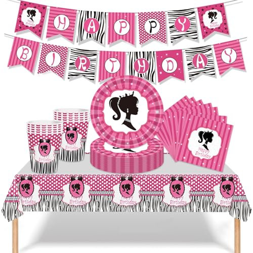42Pcs Juego de Vajilla de Fiesta de Barbiprinzess, Vajilla de Fiesta de Bar-bi Princesa, Decoraciones Vajilla de Fiesta Cumpleaño, Incluye Mantel, Tazas, Platos, Servilletas, Banner Para 10 Personas