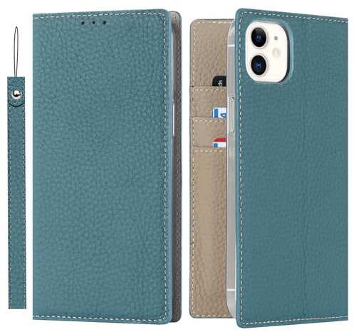 ELTEKER Hülle iPhone 12 Mini Handyhülle [Echtes Leder] Klapphülle mit Kartenfach,Schutzhülle Leder Hülle für iPhone 12 Mini-hellblau