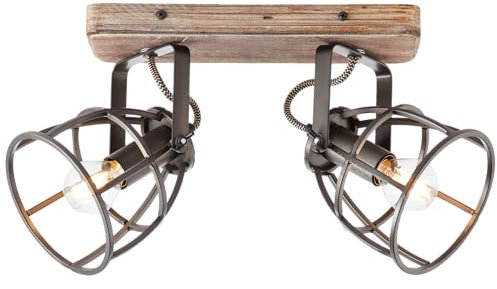 Lightbox Vintage Spotbalken - 18 x 29 x 16 cm - Deckenstrahler mit Gitter Schirmen aus Metall & schwenkbaren Köpfen & Basis aus Kiefernholz - 2 x E14, max. 28 W - in Stahl Schwarz