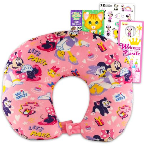 Minnie Mouse Travel Neck Pillow - Bundle with Minnie Neck Pillow for Airplane, Car, Office, More Plus Stickers | Minnie Mouse Travel Accessories Set
