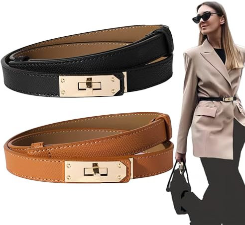 VIRHWOEA 2 Pcs Gürtel Damen, Klassischer Taillengürtel Damen, Retro-Damen Gürtel Aus Kunstleder, Ledergürtel Damen Mit Metallschnalle, Verstellbarer Schmaler Damen Gürtel für Kleider Hosen Jean