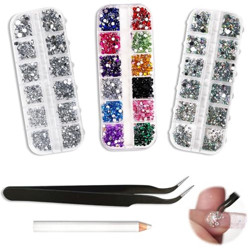 4800 Pcs Rhinestones for Nails, Crystal Nail Art Rhinestones, Nail Glitter Sequins Nail Decals with Pick Up Tweezers and Rhinestone Picker Dotting Pen, Rhinestones Crystals for DIY Clothes Shoes, Face