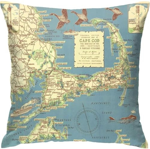 Throw Kissenbezüge 45X45cm Nostalgische Vintage Cape Cod Karte Alt Zierkissenhülle Quadrat Kissen-Bezug Retro Kissenbezug Für Sofa, Büro, Cafe
