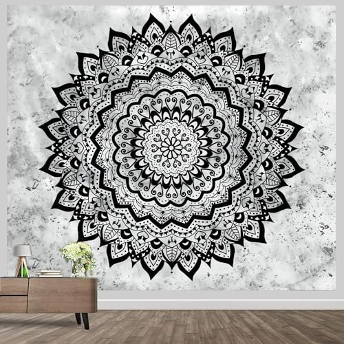 Roninkier Mandala Natur Wandteppich, Schwarz und Weiß Wandtuch Kunst Wandbehang für Schlafzimm (Mandala 2, 150 x 130cm)