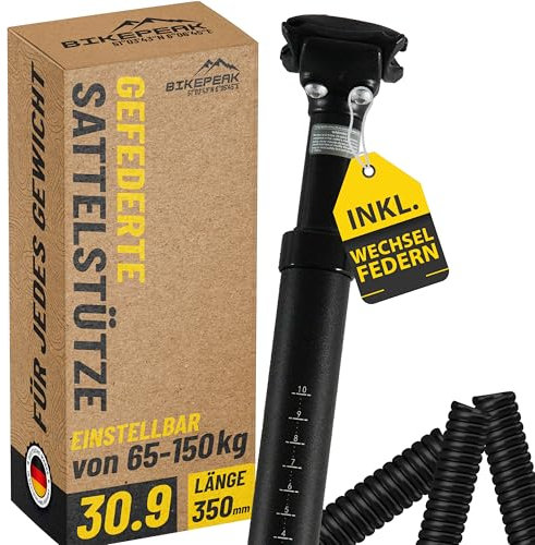 BikePeak Federsattelstütze Ø wählbar 27.2/30.9/31,6 mm | 350mm lang schwarz inkl. 4 Wechselfedern für jedes Gewicht von <65kg-120kg einstellbar (Länge 350 mm, Ø 30,9 mm)