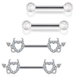 Jovivi 2 Paar 14G Brustwarzenpiercing Chirurgenstahl Nippelpiercing für Damen Brustwarzenpiercing Bar Set Herz Teufel Barbell Piercing Körperschmuck 14mm Stablänge Piercing Schmuck (Silber)