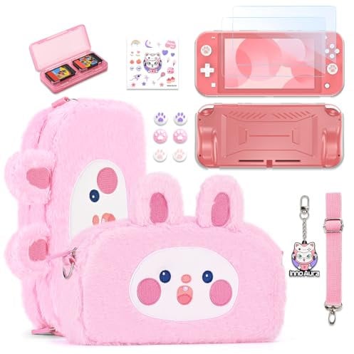 innoAura Switch Lite Tasche,14 in 1 Switch Lite Zubehör Bundle mit niedlicher Switch Lite Hülle,Switch Lite Displayschutzfolie,Switch Spielespeicherhülle, Switch Daumenkappen (Pinkes Kaninchen)