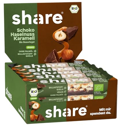 share Bio Nussriegel Schoko Haselnuss Karamell (15x35g) | Vegan, Ohne Palmöl, Laktosefrei – Snackriegel mit dunkler Schokolade, Haselnüssen & Karamellstückchen – Spendet Essen