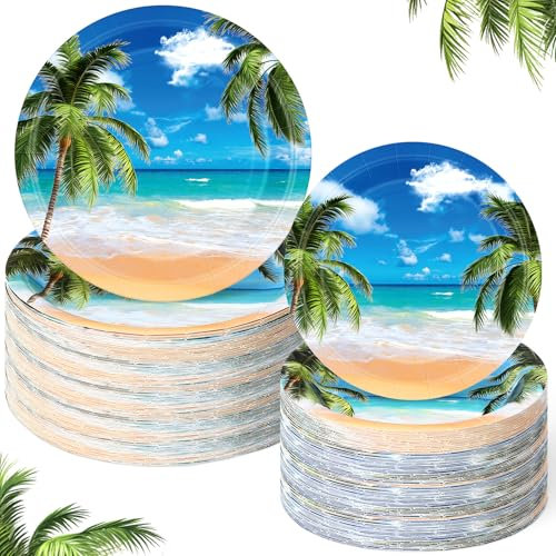Maxdot Mumufy 100 Pack Summer Tropical Beach Theme Paper Plates Sea Ocean Palm Leaf 9 & 7 Disposable Dessert Plates Hawaiian Tropical Tableware for Summer Birthday Beach Themed Party Supplies