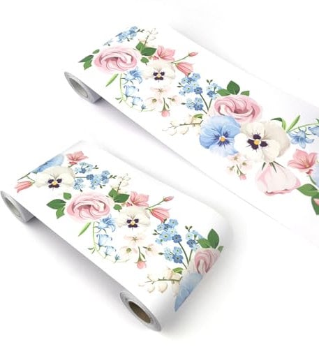VisitRyl self Adhesive Wallpaper Border Wall Tiles Decorative, Peel and Stick Wall Border Bathroom Stickers Blue White Bell Flower YX208 12cm X 500cm