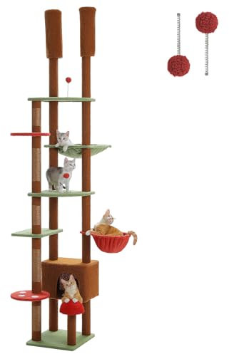 PAWZ Road Arbre à chat haut champignon, hauteur du plafond réglable, avec grotte, hamac et arbre à chat, arbre d'escalade pour grands chats domestiques, marron
