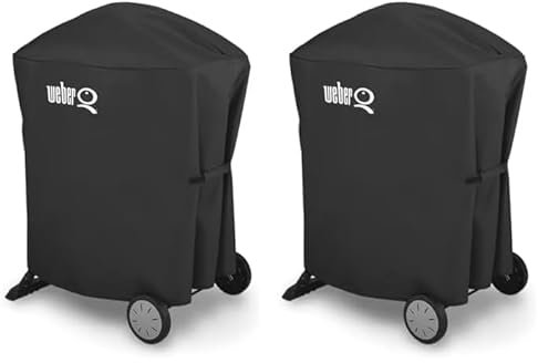 Weber Premium Grillabdeckhaube für Q1000/2000 mit Stand/mit Rollwagen, atmungsaktiv UV- & wasserbeständig, Schutz for Wind & Wetter, mit Klettverschluss zum Befestigen, Grillcover - Schwarz (7120)