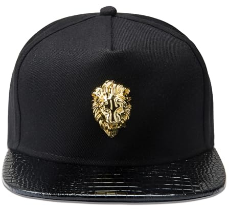 2025 New Lion Head Hip Hop Flat Brimmed Hat Herren Baseball Hat mit Gold Lion Badge Metal Badge Street Rap Herren