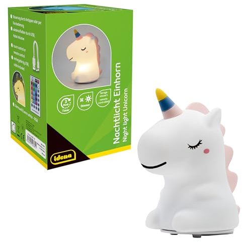 Idena 40385 - LED Nachtlicht Einhorn, Lampe aus Silikon mit Fernbedienung, Farbwechsel und Dimmer, ca. 14 cm groß, wiederaufladbar, USB Ladekabel inklusive