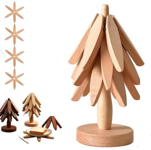 Natural Wood Tree Trivet Set, Christmas Tree Trivet Set, 4PCS Foldable Walnut Wood Trivets with Stand, Heat Resistant Wooden Pot Holders for Hot Dishes, Bowls (Three-piece natural wood)