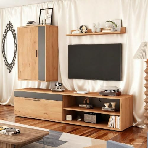 Wohnwand-Set 3-TLG., 140 cm | Media-Kombination aus TV-Board, Standregal & Wandregal | Moderner TV-Schrank in Holzfarbe & Schwarz | Flexibel stehend oder hängend montierbar