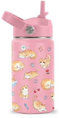 ROVOZAR Cat Water Bottle for Girls - 12oz Cat Stainless Steel Water Bottle with Straw - Cute Cats Insulated Cup - Pink Cats Kids Tumbler for School, Sports, Travel