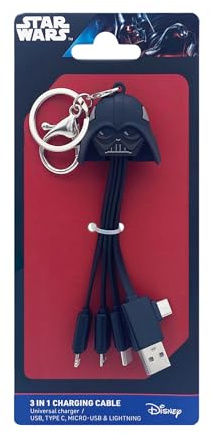 WONDEE Câble Multi Chargeur Universel 3 en 1 Darth Vader avec Porte - Clés, Cable Multi Embout Double Entrée USB et USB C vers USB C/Lightning/Micro USB Compatible iPhone et tous (15cm)