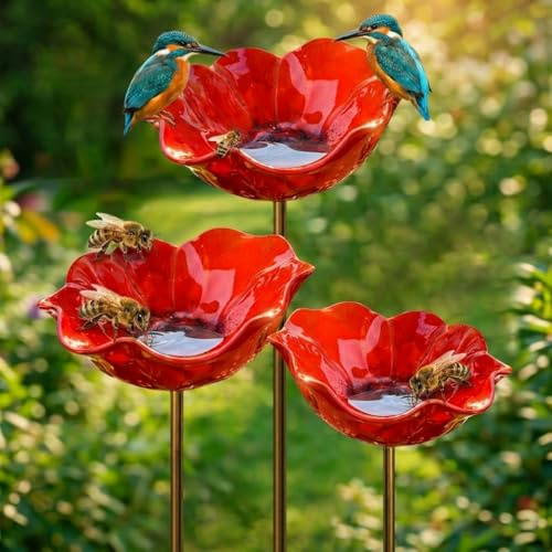 Vogeltränke Gartenstecker Metall,Blumenform Bienentränke für Garten | Mehrfach Vogelbad & Insektentränke, Gartendekoration Bienenstein für Rasen (3 Stück)